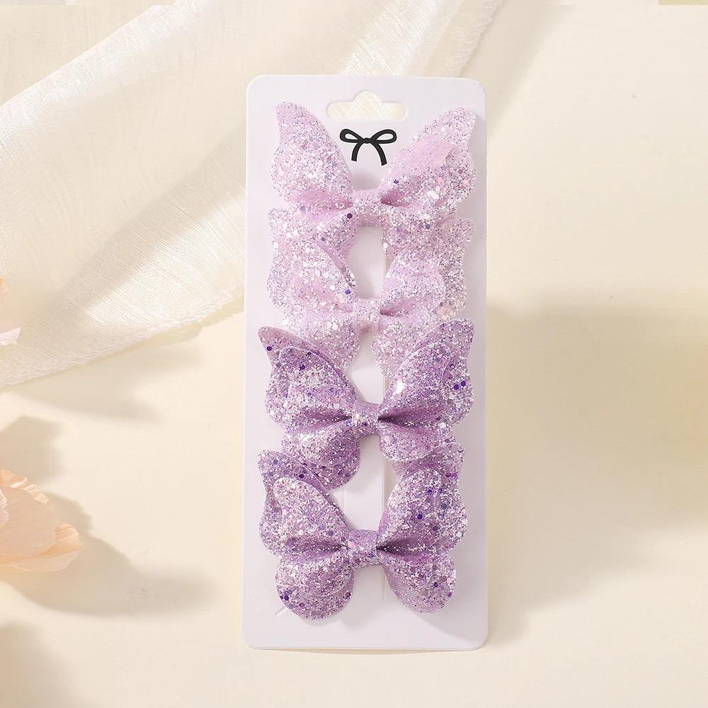 4Pcs/set Cute Sequins Double Butterfly Hair Bows Clip for Baby Girls Leather Kids Hairpins Barrettes Headwear Hair Acesssories