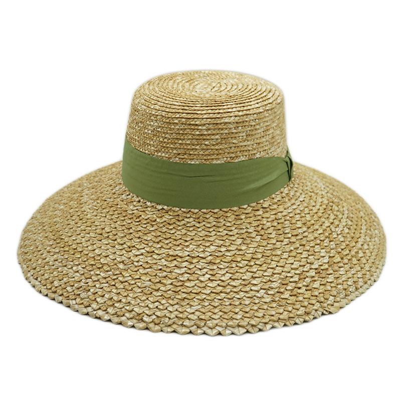 Europäischer und Amerikanischer Rhombus Stroh Spleißen Große Krempe Flache Oberseite Zylinderhut Damen Sommer Sonnenschutz UV-Schutz Urlaub Strand Strohhut Reise