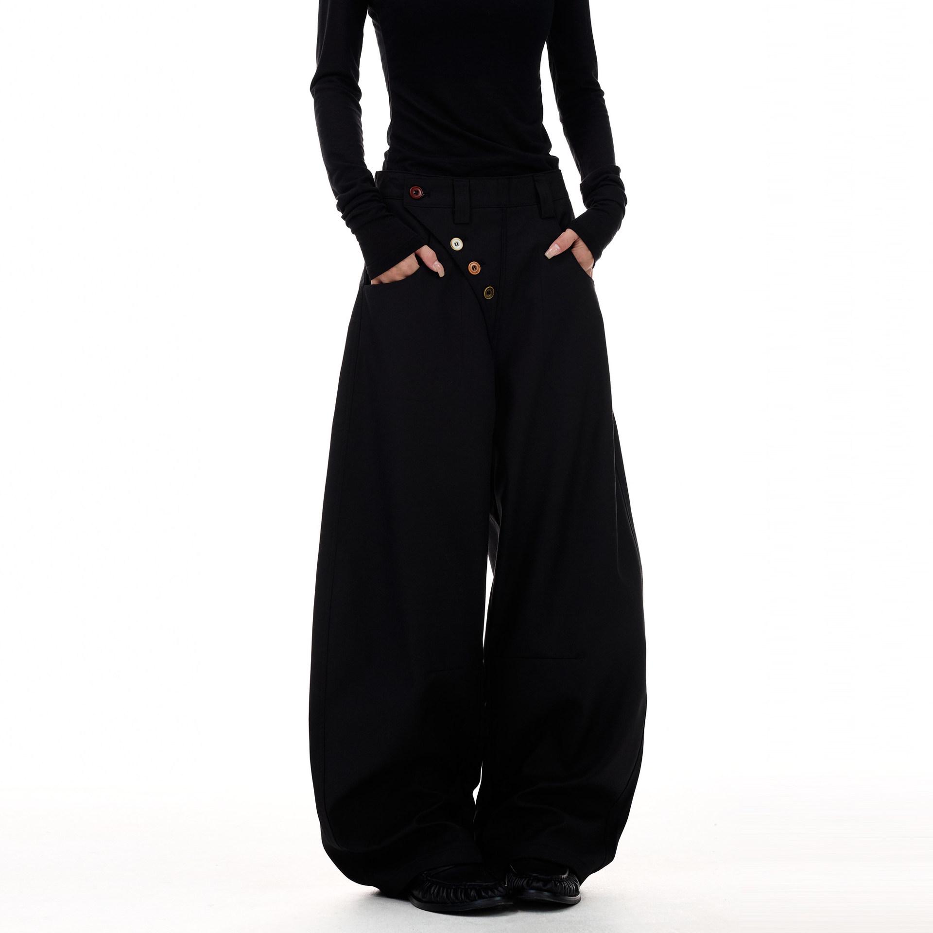 

Unisex Retro Western Black Scimitar Trousers: Comfy Loose-Fit with Slanted Button-Up L чёрный