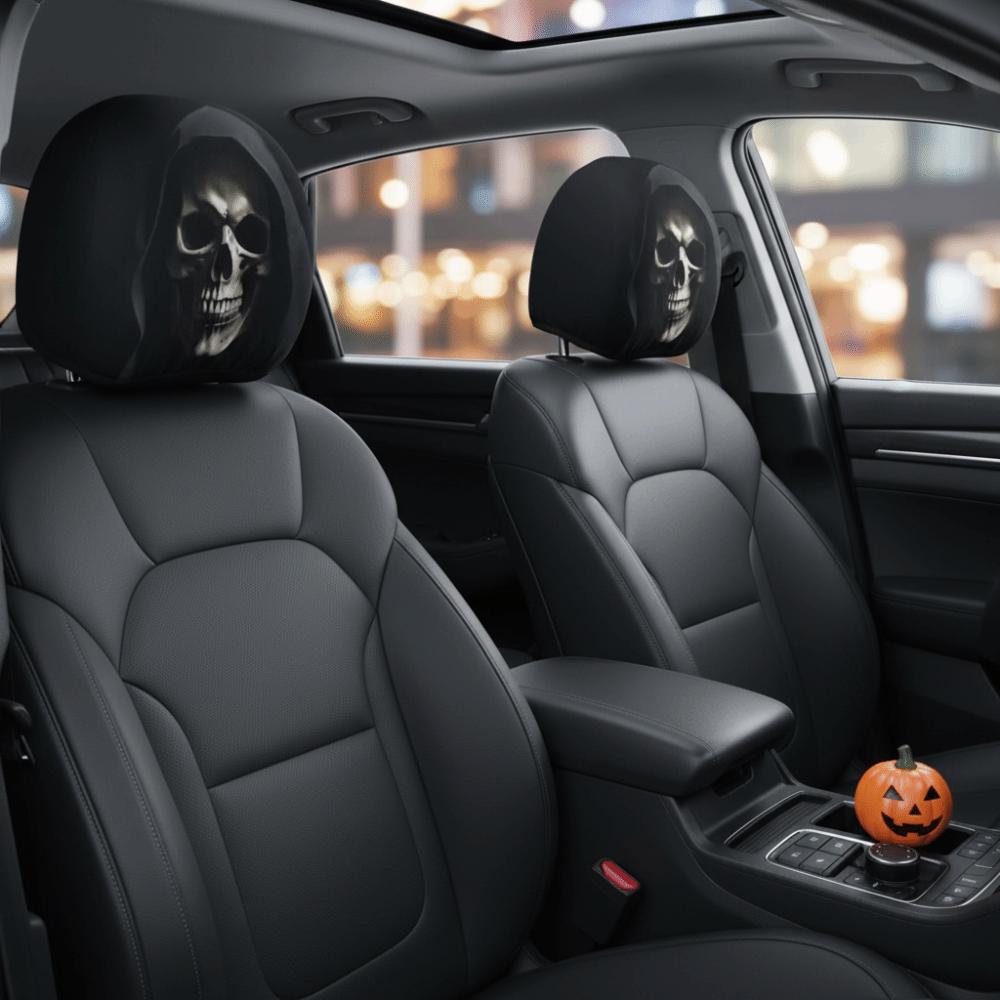 1pair Universal Fit Skull Headrest Cover Vivid Flat Print Gothic Seat Protector Daily Commute