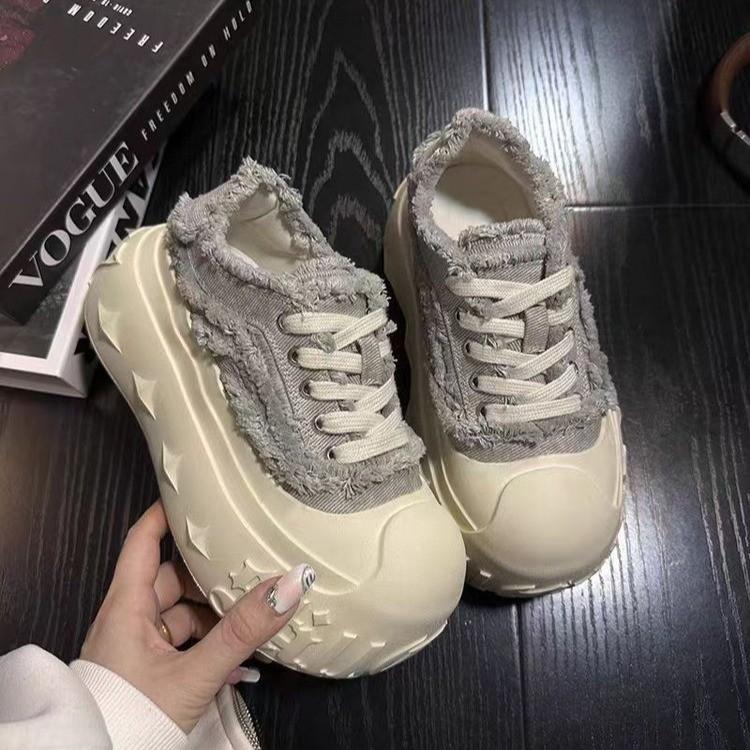 Thick-soled ultra-fire shoes women's shoes 2025 dissolving new denim ins lace-up casual shoes board shoes muffin summer
