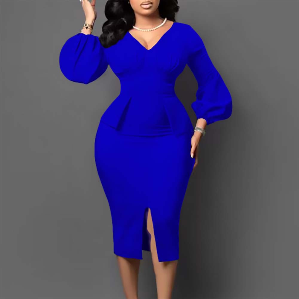 Elegant Women Dress V Neck Long Sleeve Package Hips Mid Calf Formal Business Work Wear Dress Midi
