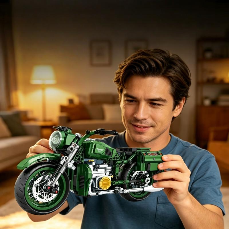 Grüner Vintage-Motorrad-Bausatz, Technische Bauklötze für Motorräder, Heimdeko Ausstellungsmodell für Bastler