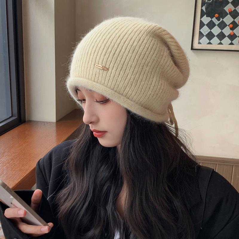 Stacks of Hats for Women Curly Knitted Pullover Hat Autumn and Winter Rabbit Hair Ear Protection Warm Wool Hat Showing Face Small Cold Hat