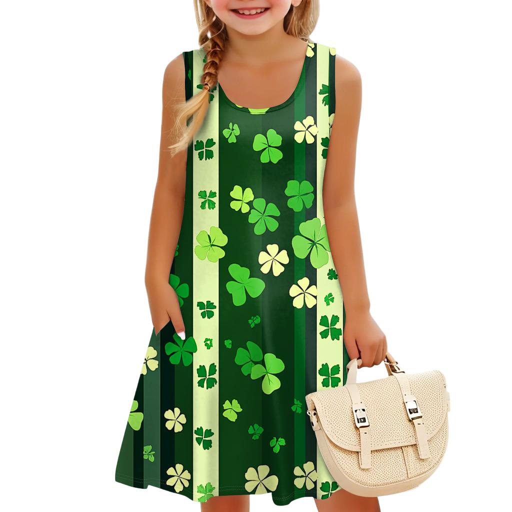 Children's Sleeveless U-neck A-line St. Parmesan Print Casual Vacation Dress