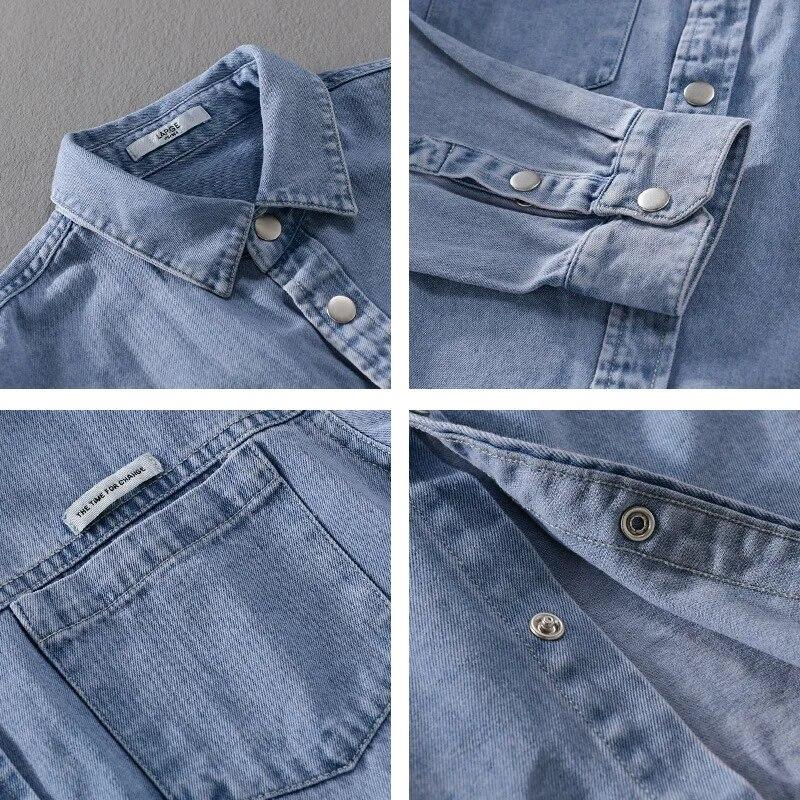 Męska koszula dżinsowa w stylu retro, niebieska, wiosenna, streetwearowa, z długim rękawem, dżinsowe topy, bawełniana, z kieszeniami, zapinana na guziki, odzież męska, młodzieżowe popularne topy casualowe