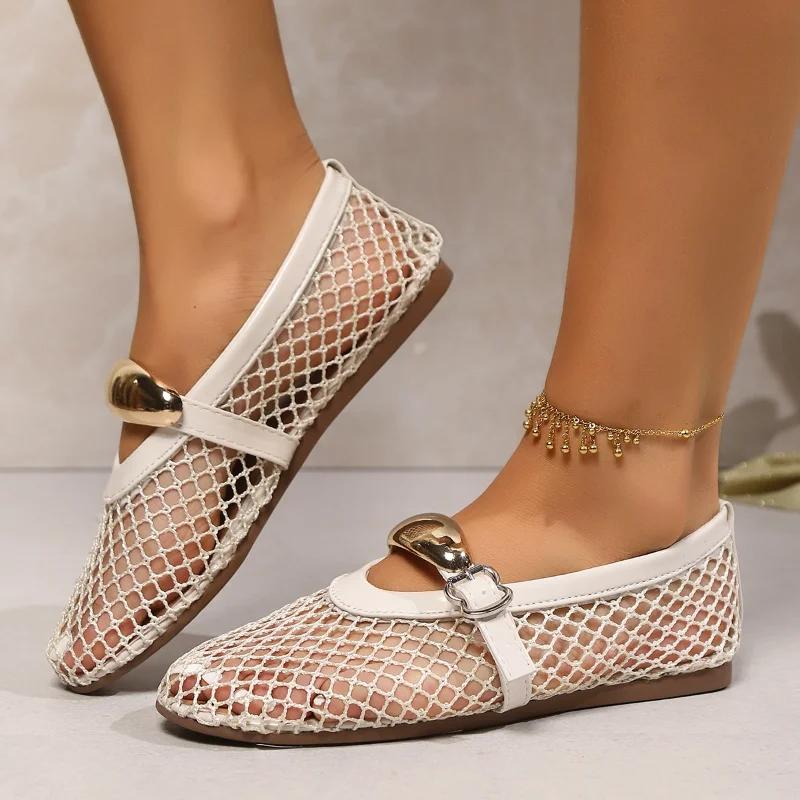 Fashion New Women's Fashion Metal Decor Belt Flat Soft Soled Mary Jane Shoes Ladies Mesh Breathable Casual Round Toe Flats Women Shoes