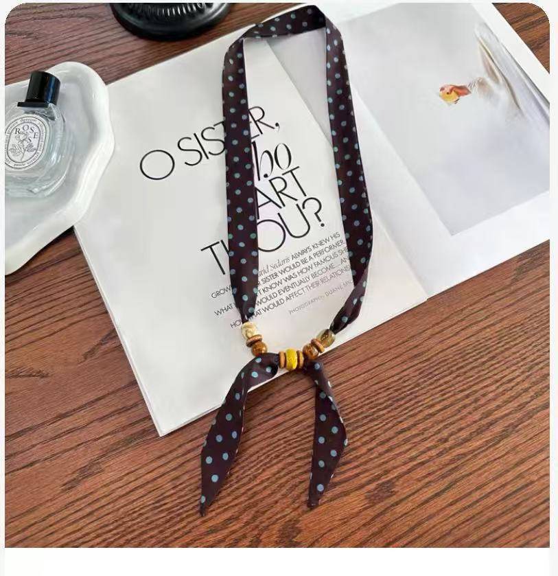 Coffee Blue Retro Wood Beads Long Silk Women Versatile Streamer Neck Protection Scarf New Small Scarf Spring, Summer and Autumn