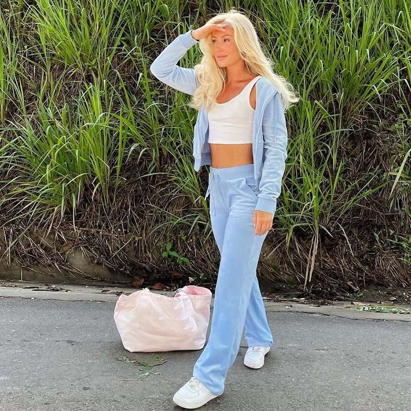 

Женская мода осень-зима, толстовки, спортивный костюм, бархатная толстовка на молнии, прямые брюки, комплект из двух предметов M светло-синий