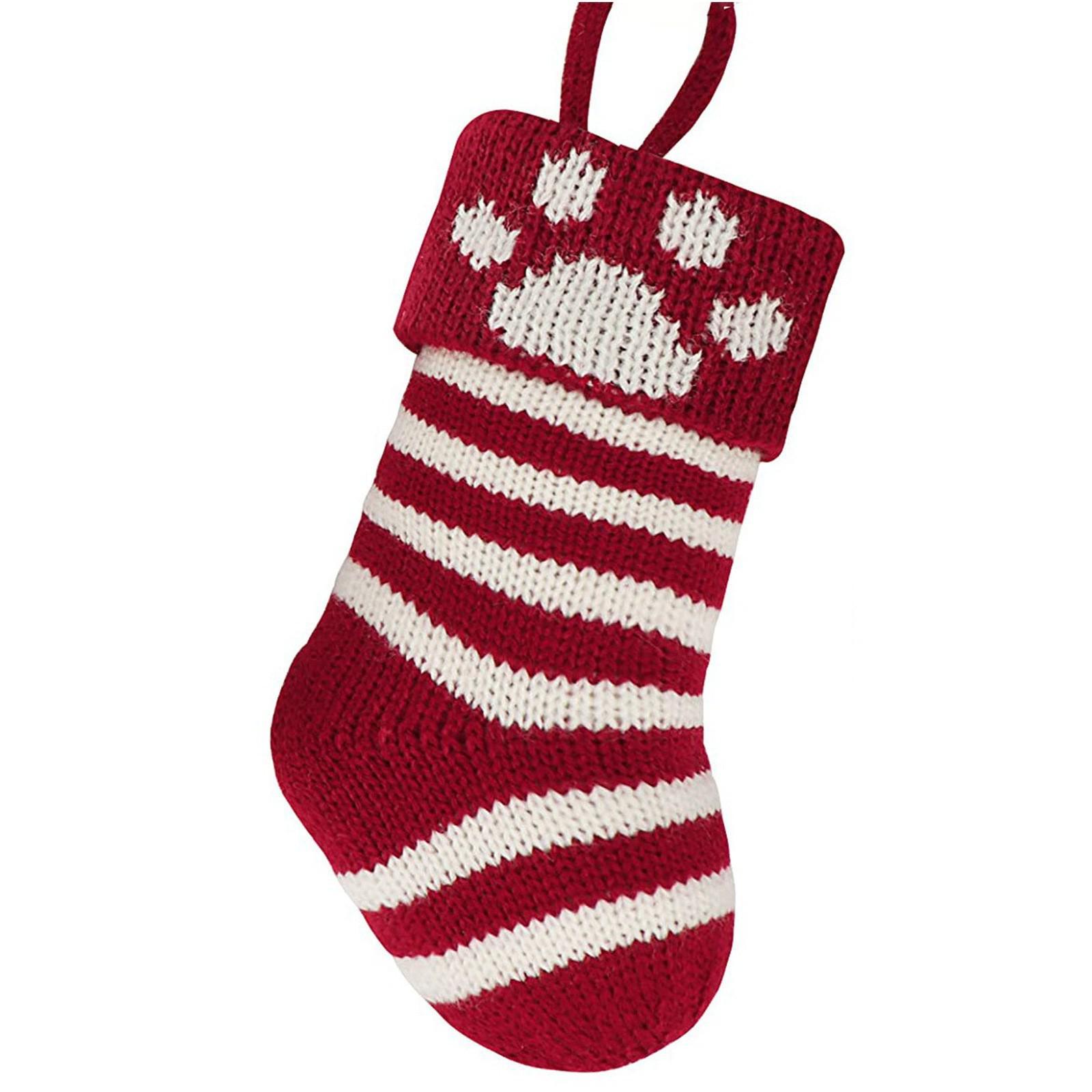 Small Red & White Striped Knit Christmas Stocking with Cat/Dog Paw Print Ornament