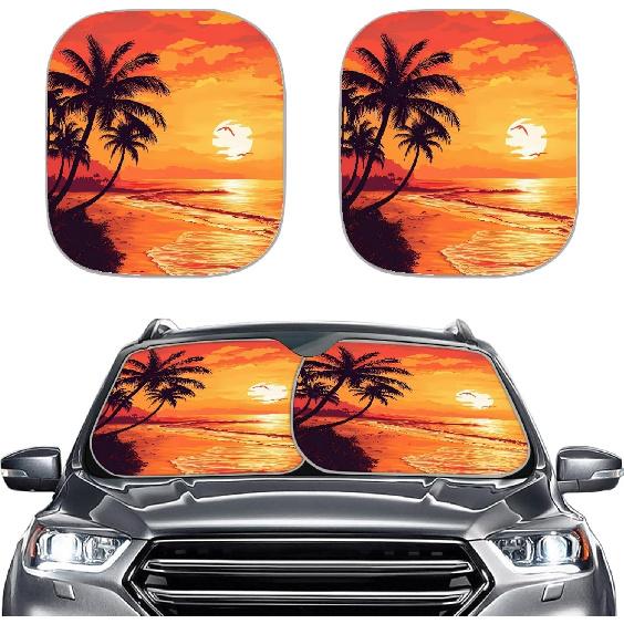 

Beach Sea Turtle Starfish Print Car Sun Shade,Foldable Windshield Sun Shade for Front Window,Keep Your Vehicle Cool Gold Sunset Beach Palm Tr