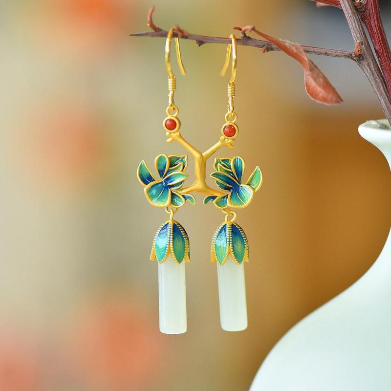 Natural An Jade Enamel Flower Earrings For Women Exquisite Chinese Style Classical Cheongsam Hanfu Jewelry Accessories