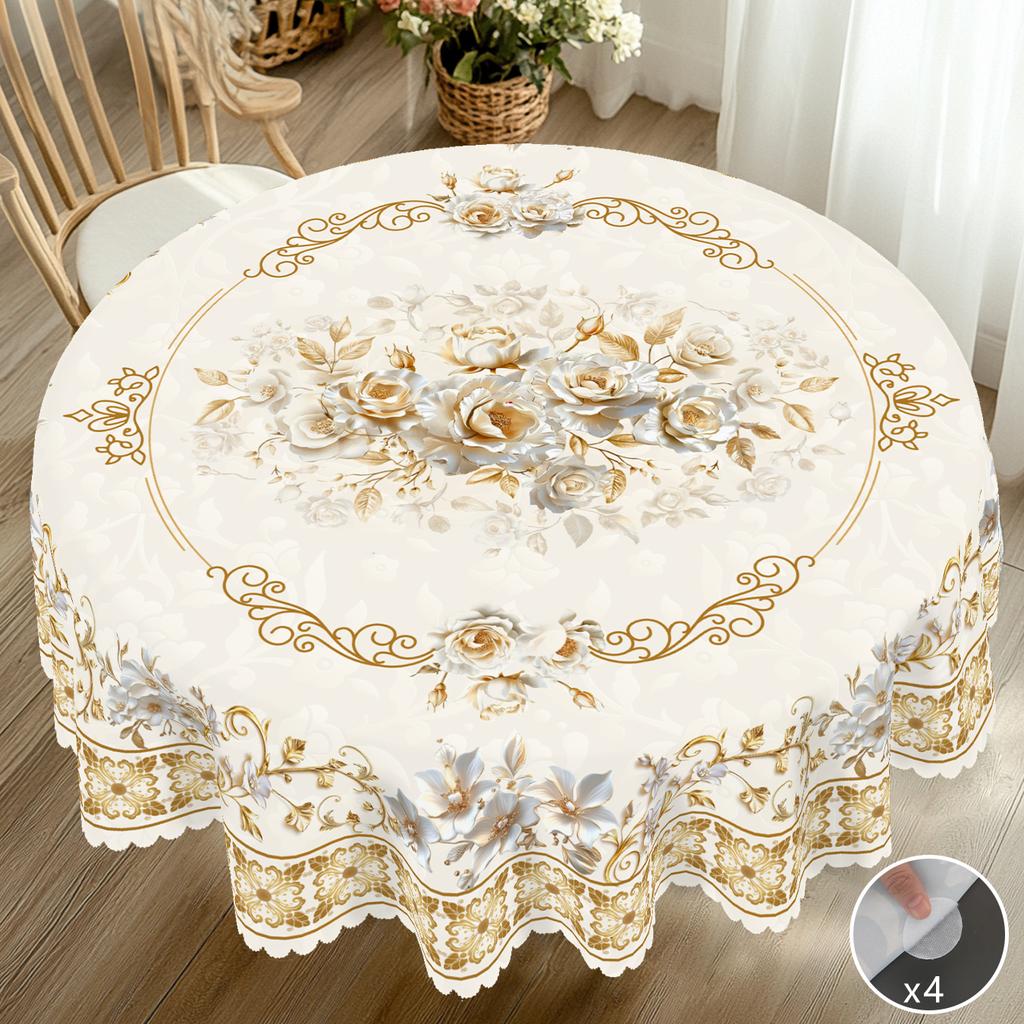 1 Piece Of Floral Spring And Summer Round And Rectangular Tablecloths, Various Sizes, Retro Gold Floral Print Pattern Design, French Style, Tablecloth