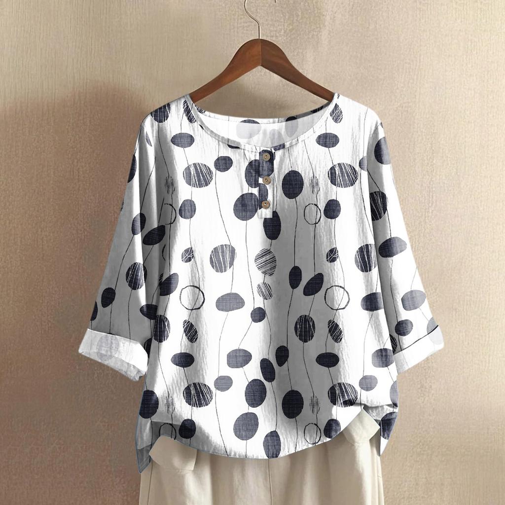 Women's Casual Three-quarter Sleeve Round Neck Gradient Color Printed Cotton And Linen Top