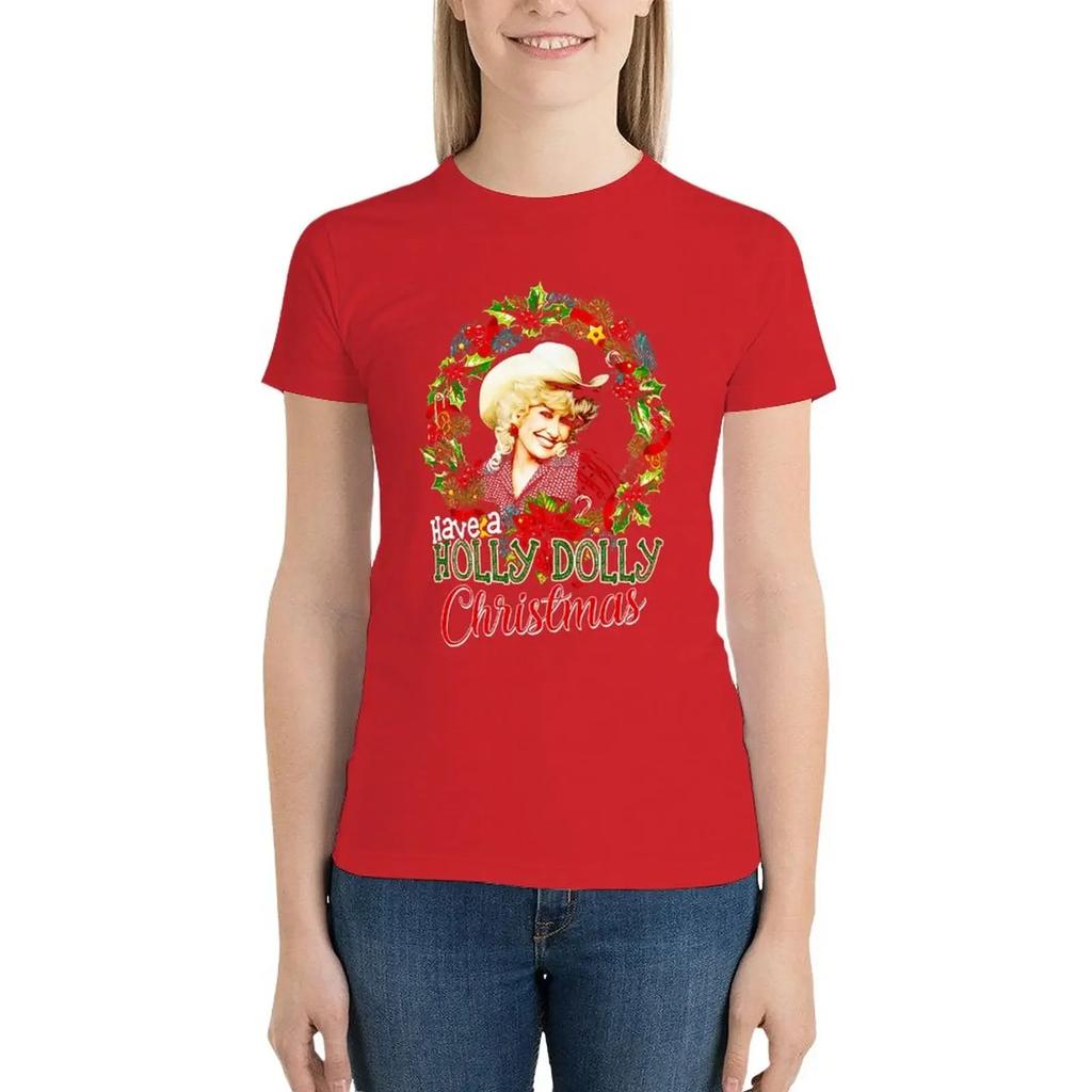 Have A Holly Dolly Christmas Funny T-Shirt Hippie Clothes Shirts Graphic Tees Oversized Anime Clothes T Shirts for Women