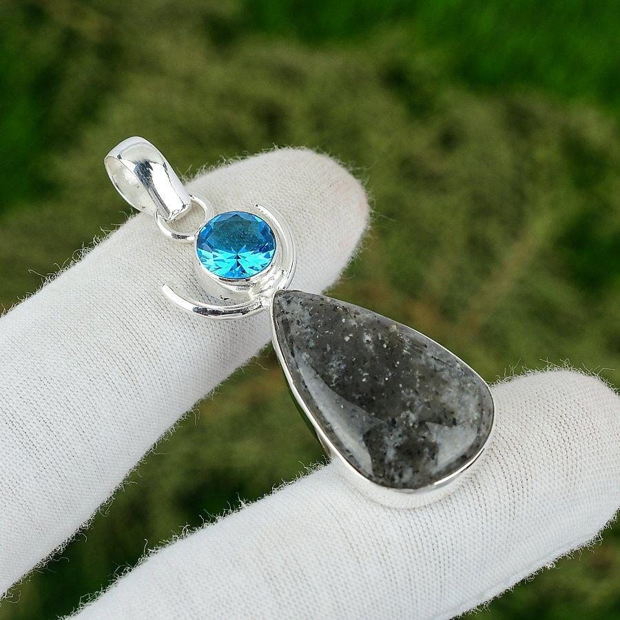 Sterling Silver Black Sunstone Stone Swiss Blue Topaz Sacral Chakra Boho Pendant