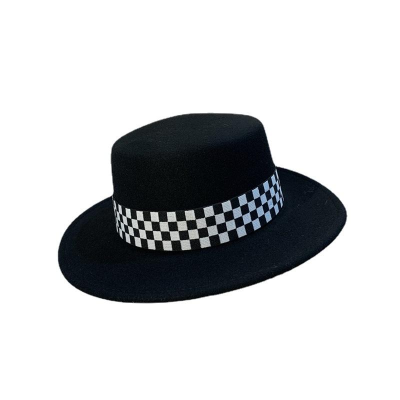 Trendy checkerboard wool fedora - a versatile flat top hat for women, perfect for autumn and winter. chic and high-end wide brim hat