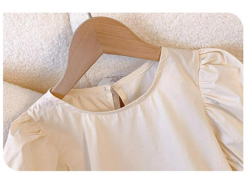 2024 Summer Girls' Stylish Casual Two-Piece: Bubble Sleeve Top & Suspender Dress