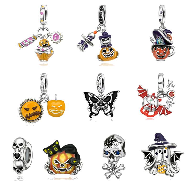 S925 Silver Halloween Fashion Jewelry Pumpkin Skull Pendant Necklace Holiday Themed Accessory