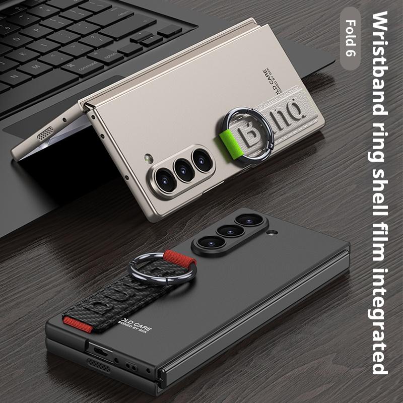 Frosted Hard PC Back Cover Case for Samsung Galaxy Z Fold 6 5 with Glass Screen Film Hand Strap Ring
