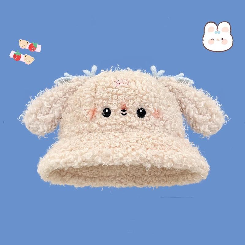 Sweet and Cute Rabbit Ear Plush Bucket Hat Women's Autumn and Winter Cold and Warm Versatile Face Small Ear Protector Basin Hat