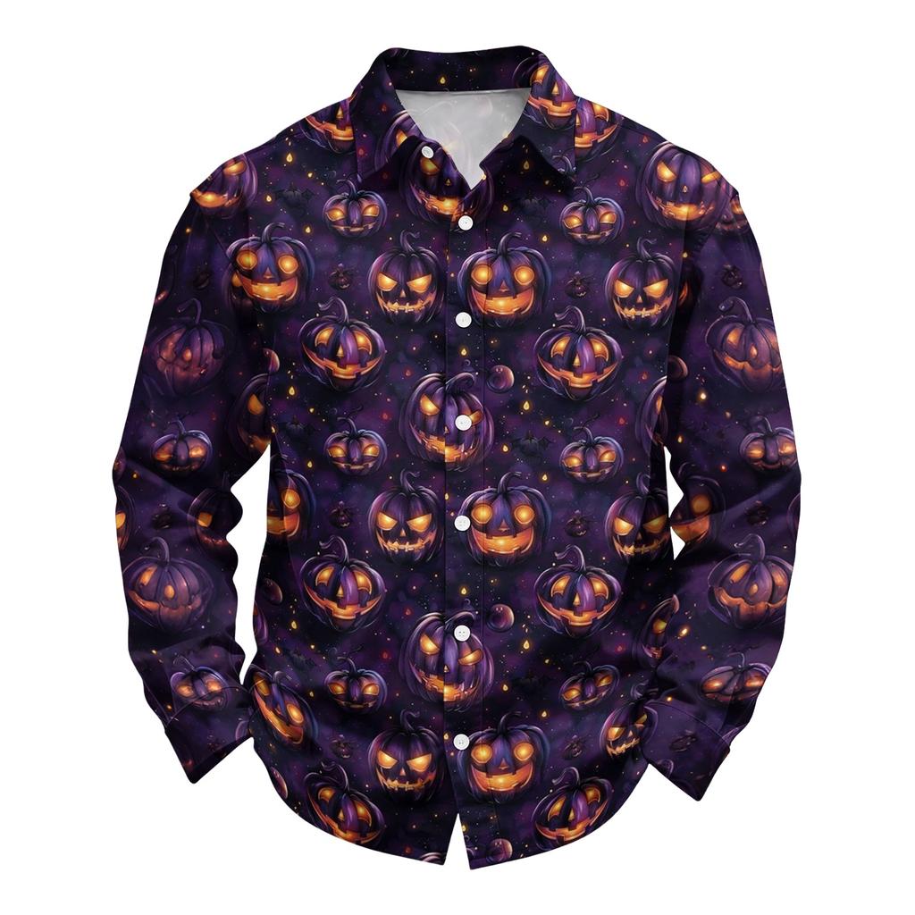Men's Casual Long Sleeve Halloween Print Button Down Shirt Relaxed Fit Lightweight Breathable Fabric Comfortable Daily Wear