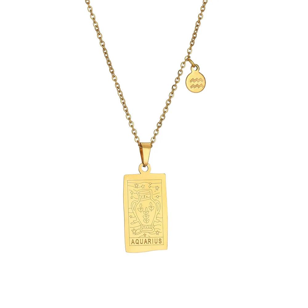 Vintage Geometric 12 Constellations Square Pendant Necklace Fashion Gold Color Metal Collar Charm Necklace Jewelry 2024 New