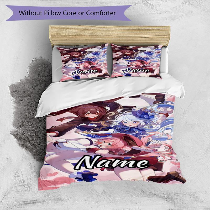 3pcs Duvet Cover Set (1*Duvet Cover + 2*Pillowcase, Without Core), Custom Name Genshin Impact Pattern Bedding Set, Home Bedroom Decor Gift
