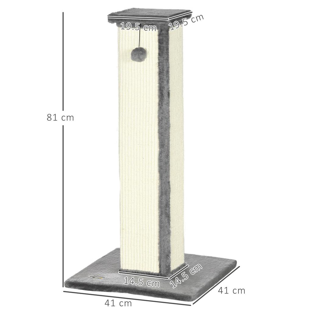 Cat Scratching Post with Ball, Sisal Pole and Plush Cover, 41x41x81 Cm, Grey