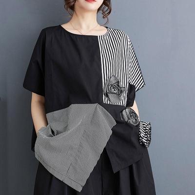 Kurzärmliges, übergroßes, schwarzes, lässiges, lockeres Sommer-T-Shirt aus Baumwolle für Damen