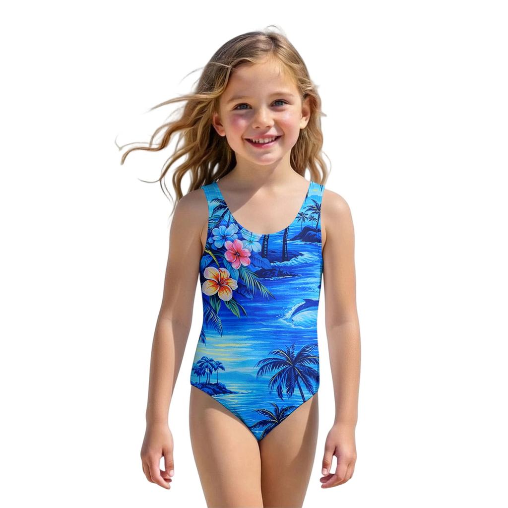 Girls One Piece Swimsuit Palm Tree Print Summer Beach Swimwear Lightweight Quick Dry Bathing Suit for Kids