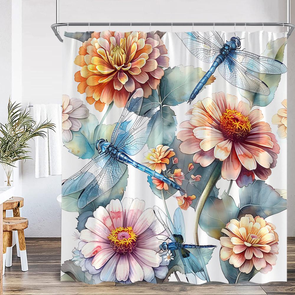 Dragonfly Floral Shower Curtain Insect Flower Wistera Plant Bathroom Decor Modern Polyester Bath Curtain With Hook With Hook