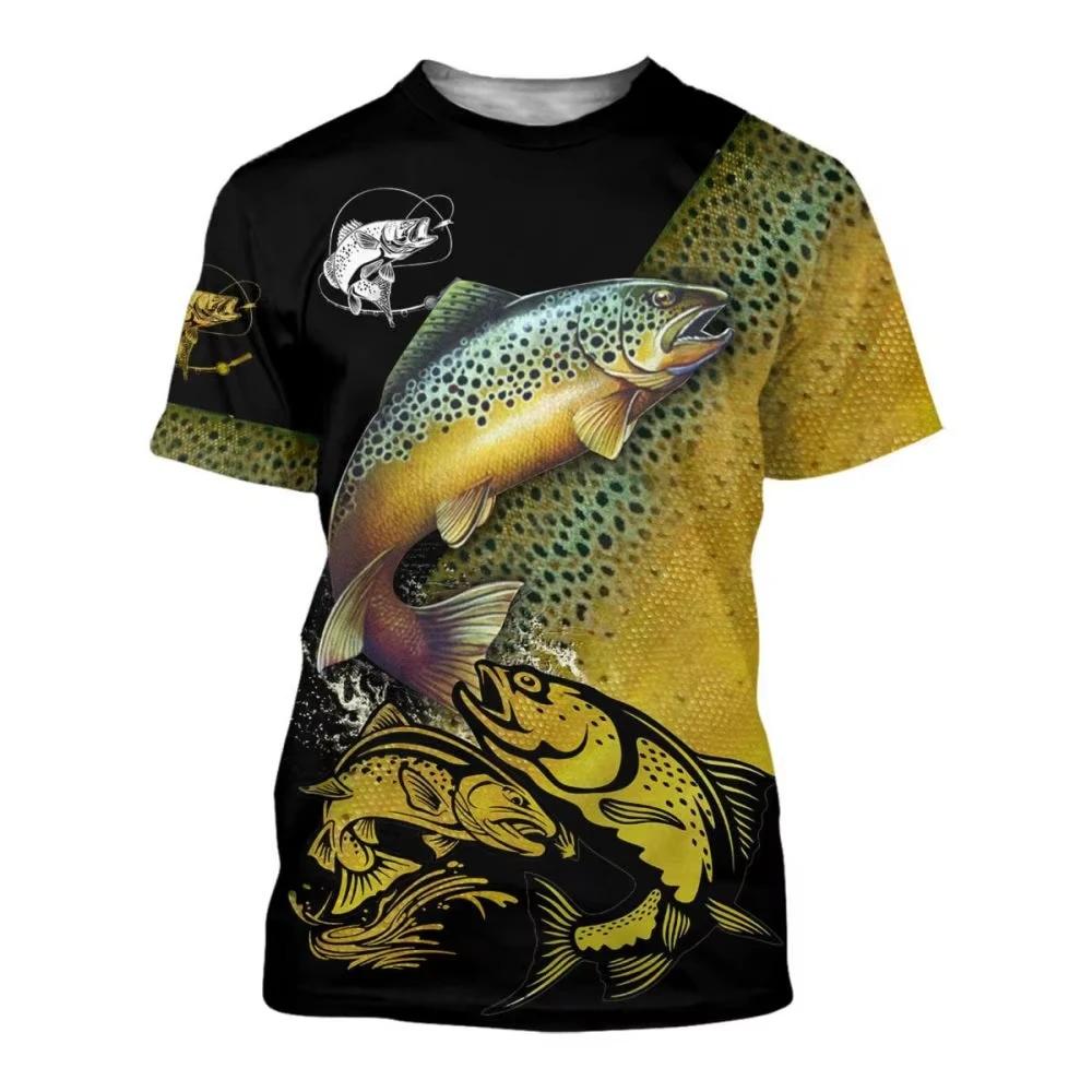Retro men's outdoor sports fishing T-shirt 3D printed short sleeved top casual men's T-shirt loose T-shirt striped men