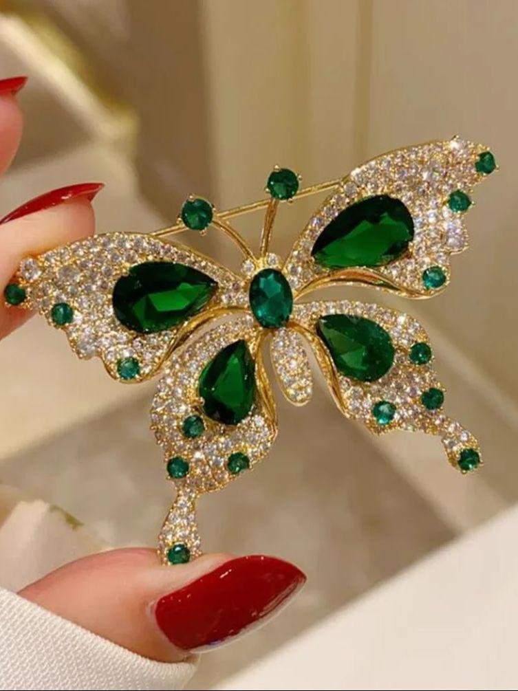 

Fashionable butterfly quadrilateral zircon brooch, women s anti-exposure pin, fixed clothes metal buttons, wedding party gifts