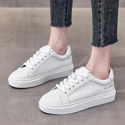 Women's Genuine Leather White Lace-Up Sneakers - Autumn Breathable Casual Flat Shoes, Korean Style