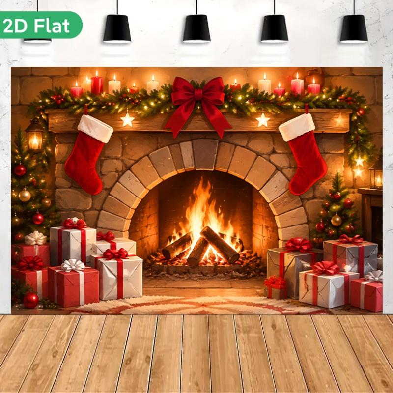 1Pcs Santa Gifts Cozy Fireplace Warmth Decoration Background Christmas Backdrop Decorations For Photo Studio Photo Booth Party