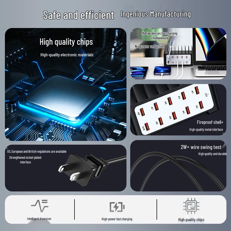 10-Port USB Charger with Stand - Multi-Port Power Strip, 5V 2A