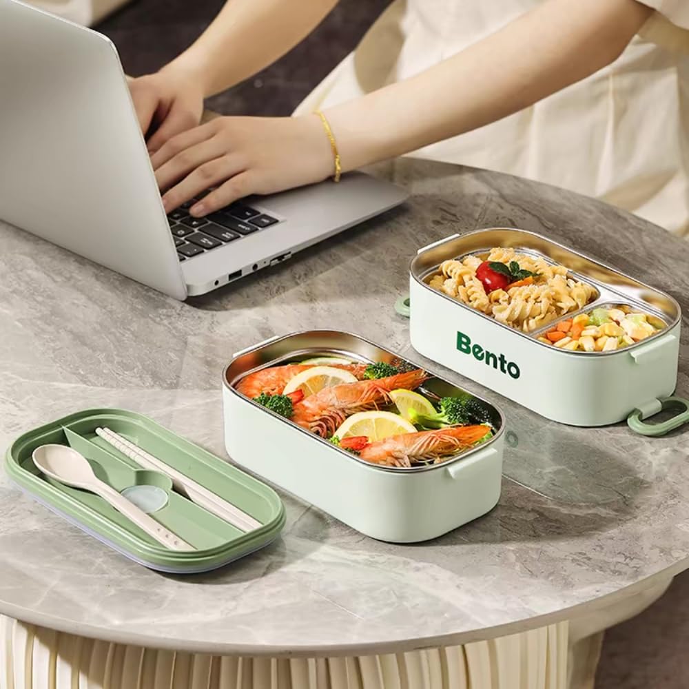 Nishida Edelstahl Isolierte Lunchbox mit Essstäbchen und Löffel 1 Box, Auslaufsicher, Griff, Tragetasche, (Grün, Stufe)