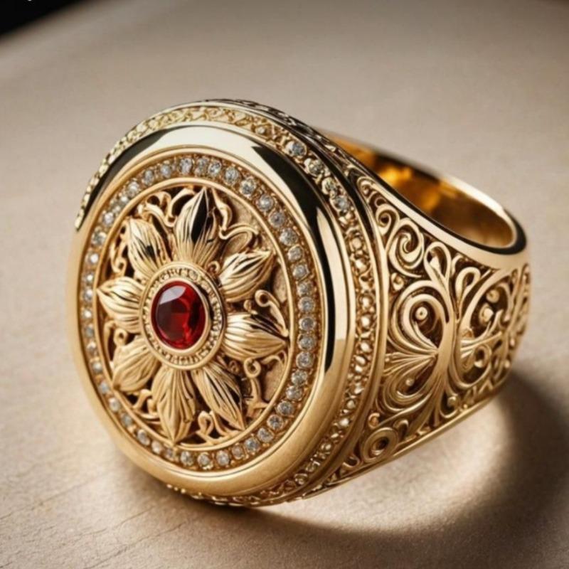 Vintage Inlaid Red White CZ Women's Ring Trendy Gold Color Hand Carving Daily Wear Party Jewelry Anniversary Gift