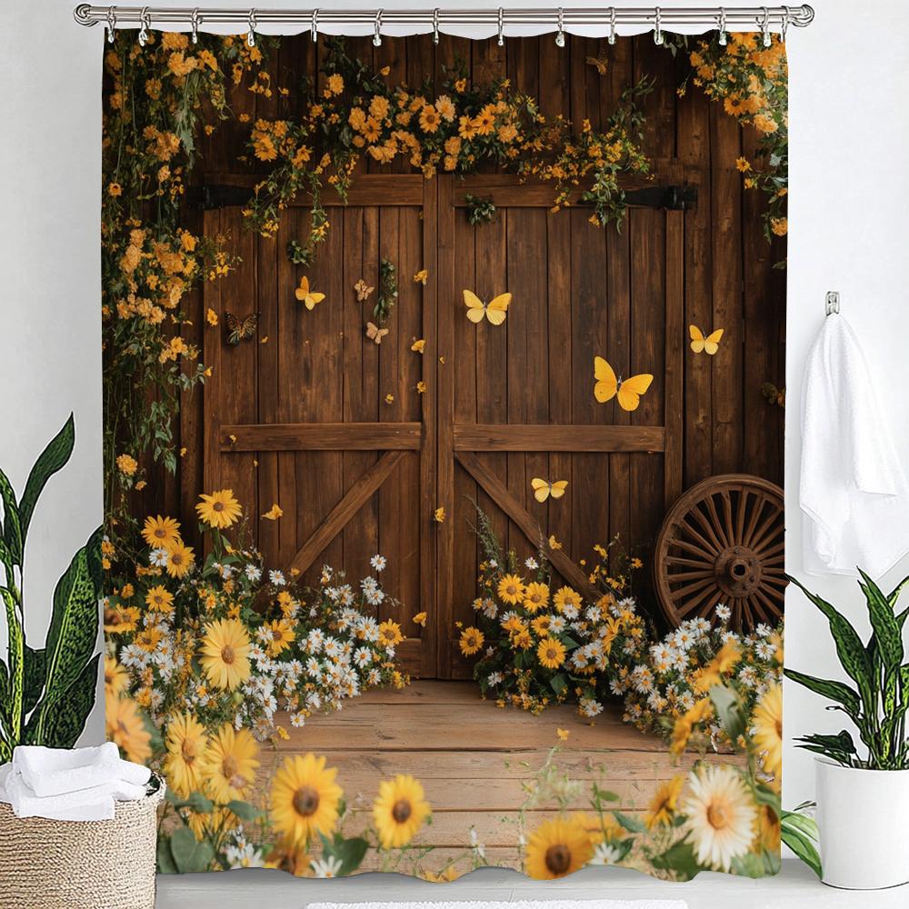 1pc Country Farm Barn, Flower Sunflower Print Waterproof Shower Partition Privacy Hanging Curtain with Hooks Machine Washable