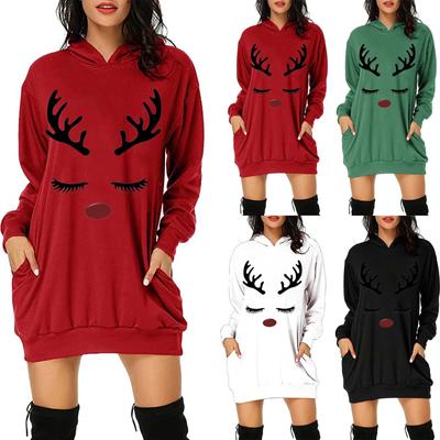 Damen-Sweatshirt mit weihnachtlichem Aufdruck, mittellang, mit Tasche und Kapuze, langärmlig