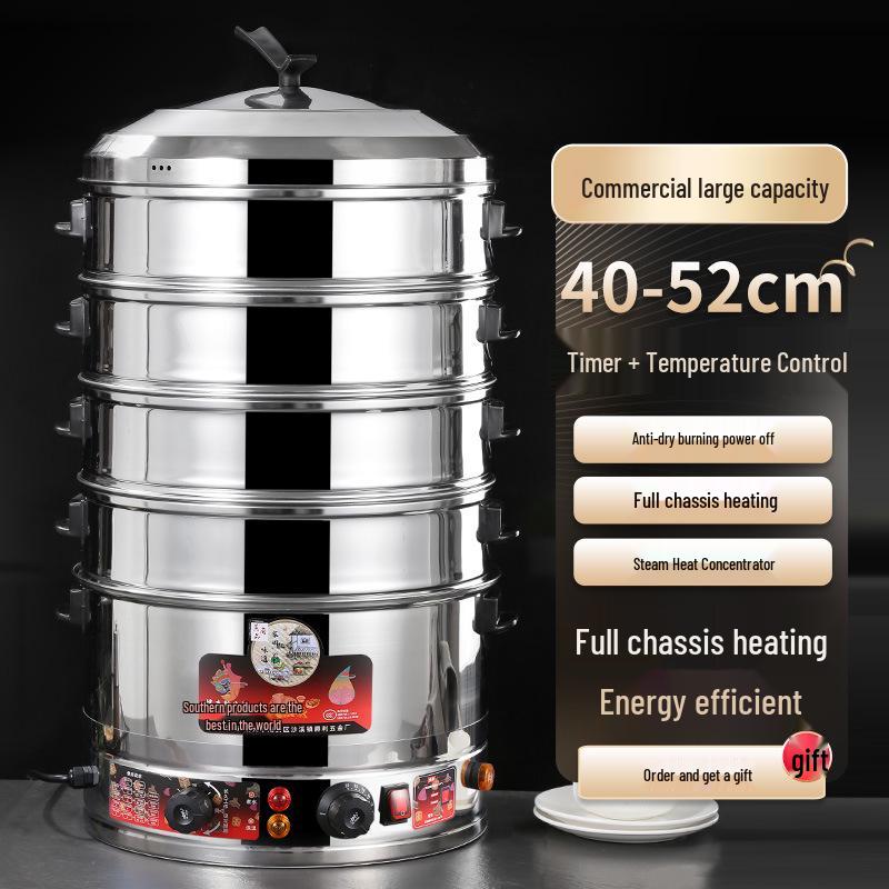 Multi-Layer Stainless Steel Electric Steamer for Household Use - Large Capacity with Steaming Rack for Buns