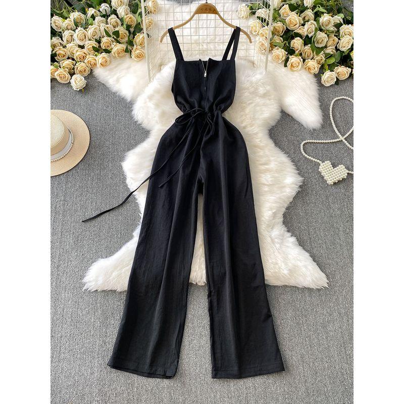 Young Style Elegant Half Zipper Sling Jumpsuit Women 2025 Summer New Drawstring Waist Hugging Slimming Wide Leg Trousers