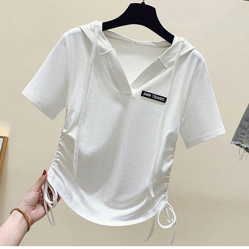 Summer Women's Fashionable Drawstring Short Hooded Short-sleeved T-shirt
