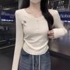 Waist pleated curved hem front shoulder long-sleeved T-shirt women's season niche embroidered Spice Girl style bottoming shirt top