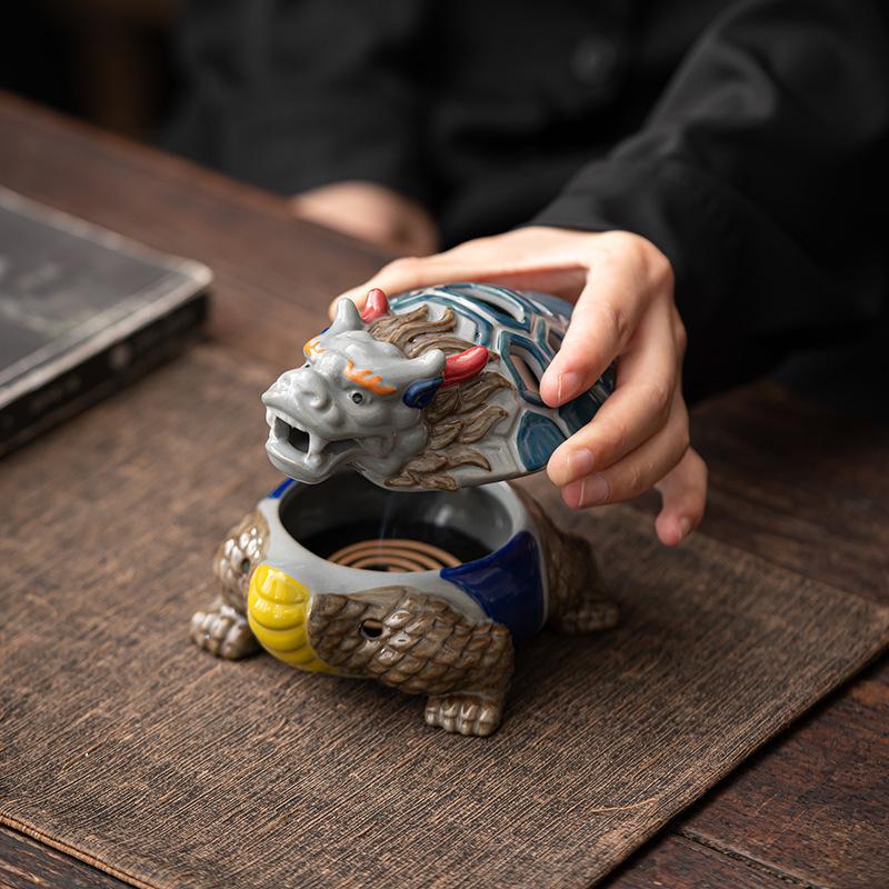 Ancient Doucai Dragon Turtle Incense Burner - Hand-painted Ceramic with Cultural Design