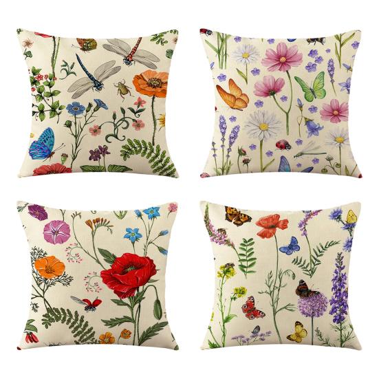 Floral Cushion Cover, 18x18 Inch Decorative Throw Pillow Cover with Hidden Zipper, Plant Insect Flower Patterns, Cushion Case for Sofa Car Home Decor