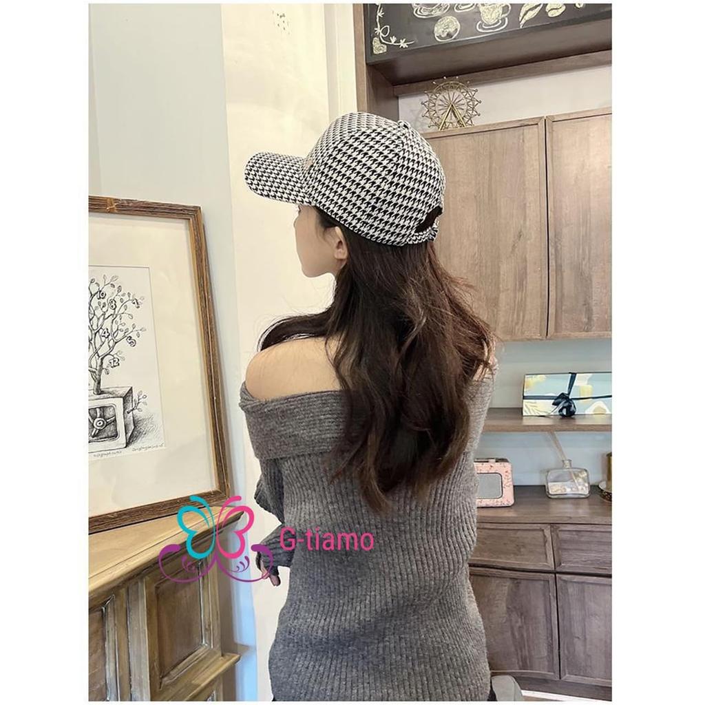 Checkered Cap for Adjustable Houndstooth Black and UV Sun Checkered Korean Style [G-tiamo] Women, One-Point Design, Strap, Pattern, Autumn/Winter,