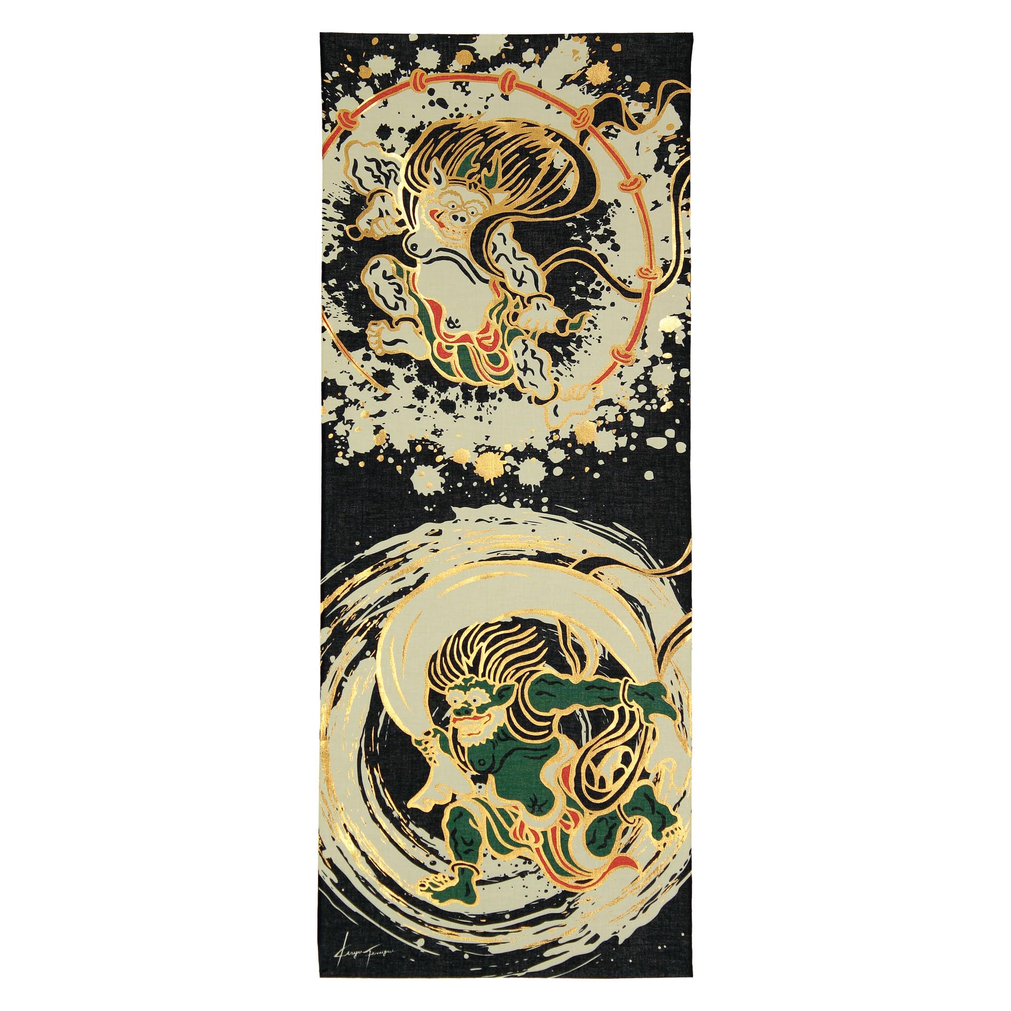 narunaru Tenugui hand with gold foil featuring Fujin and Raijin and thunder by Tawaraya Japanese made in Japan 35cm wide x 93cm (Japanese towel) чёрный