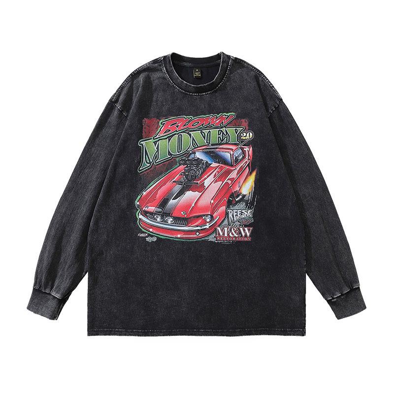 Heavy Cotton Long Sleeve T-Shirt Vintage Vintage Print Washed Vintage Vintage Base Shirt For Men And Women